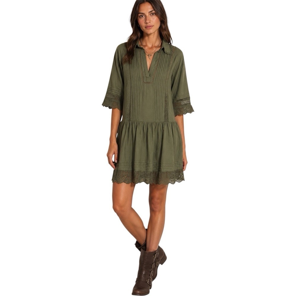 Zadig & Voltaire Rosea Tomboy Pintuck Lace Trim Dress Kaki Green Sz S NWOT